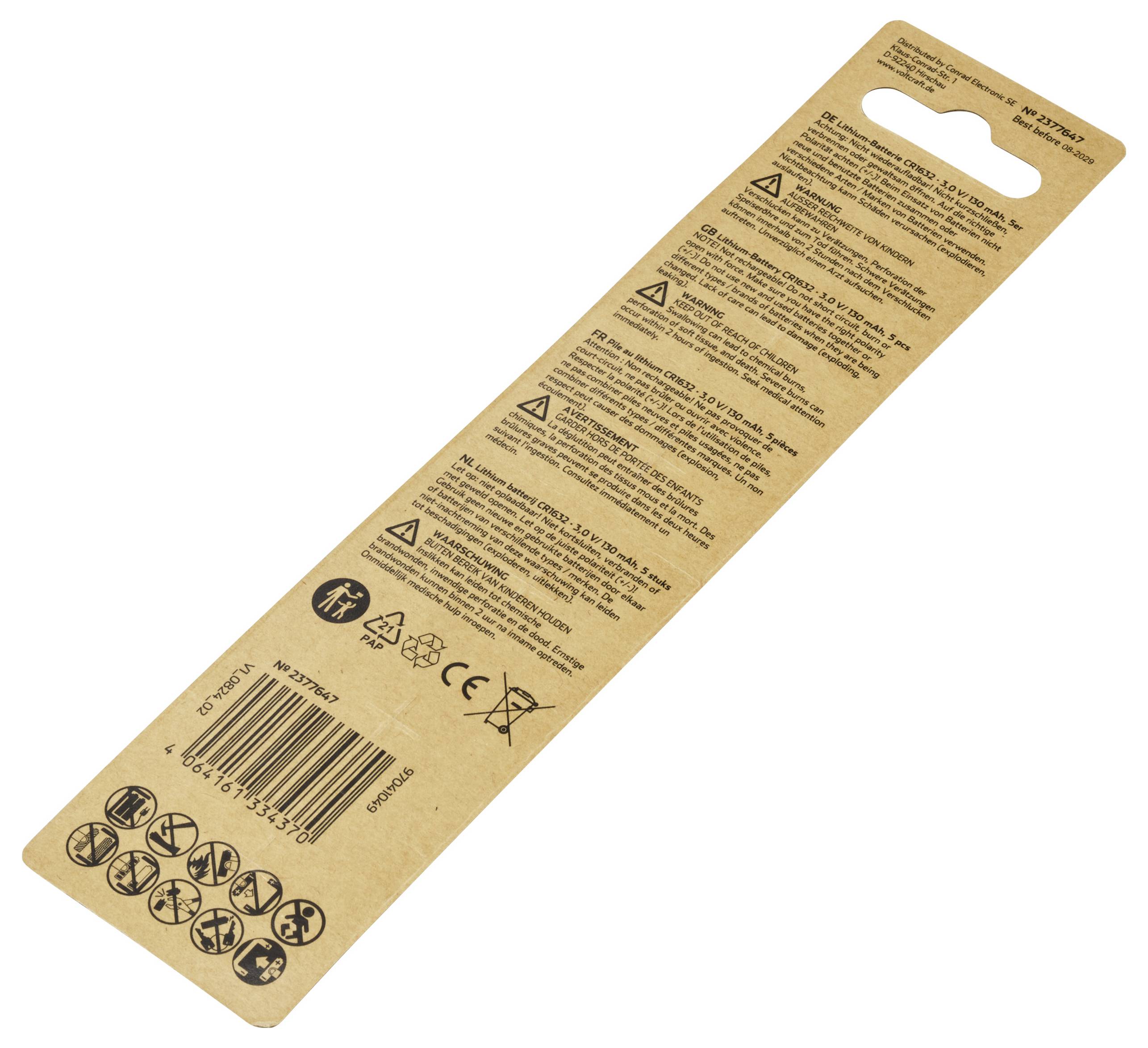 Tylna strona opakowania produktu z instrukcjami użycia w kilku językach, symbolami ostrzeżeń bezpieczeństwa oraz znakami recyklingu.