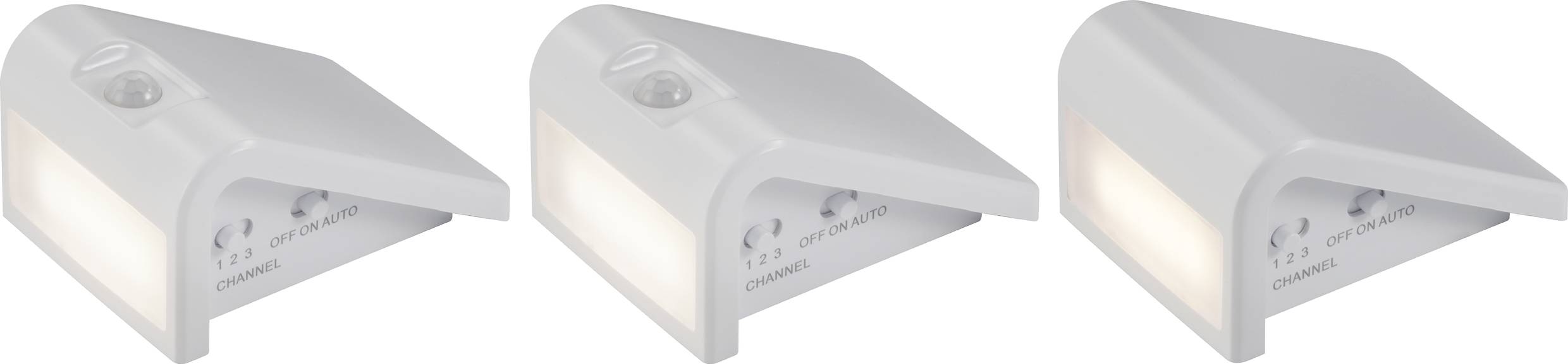 Trzy lampy LED w kształcie litery Z z czujnikiem ruchu. Przednia strona świeci ciepłą bielą. Odpowiednie jako lampka nocna lub oświetlenie schodów.