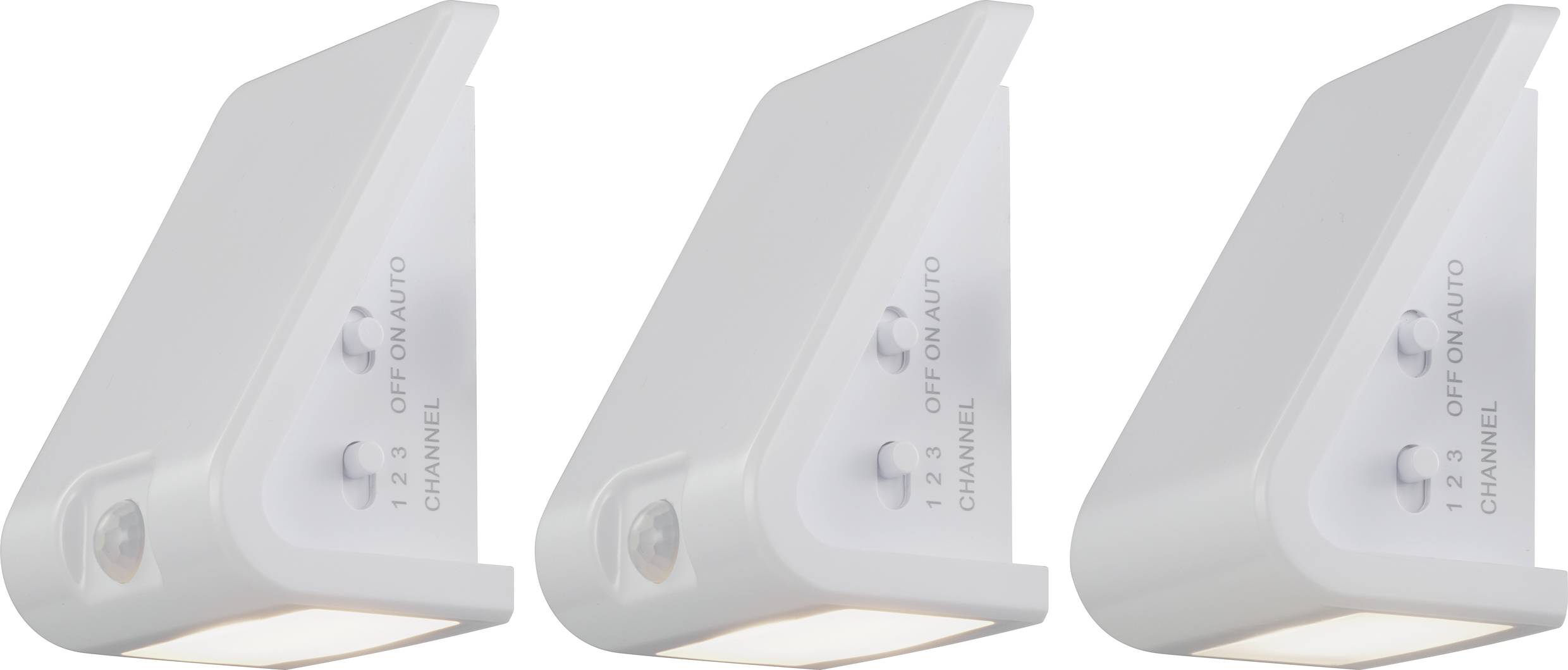 Trzy białe, trójkątne lampki nocne z przełącznikami 'Włącz', 'Wyłącz' i 'Auto', ułożone obok siebie.