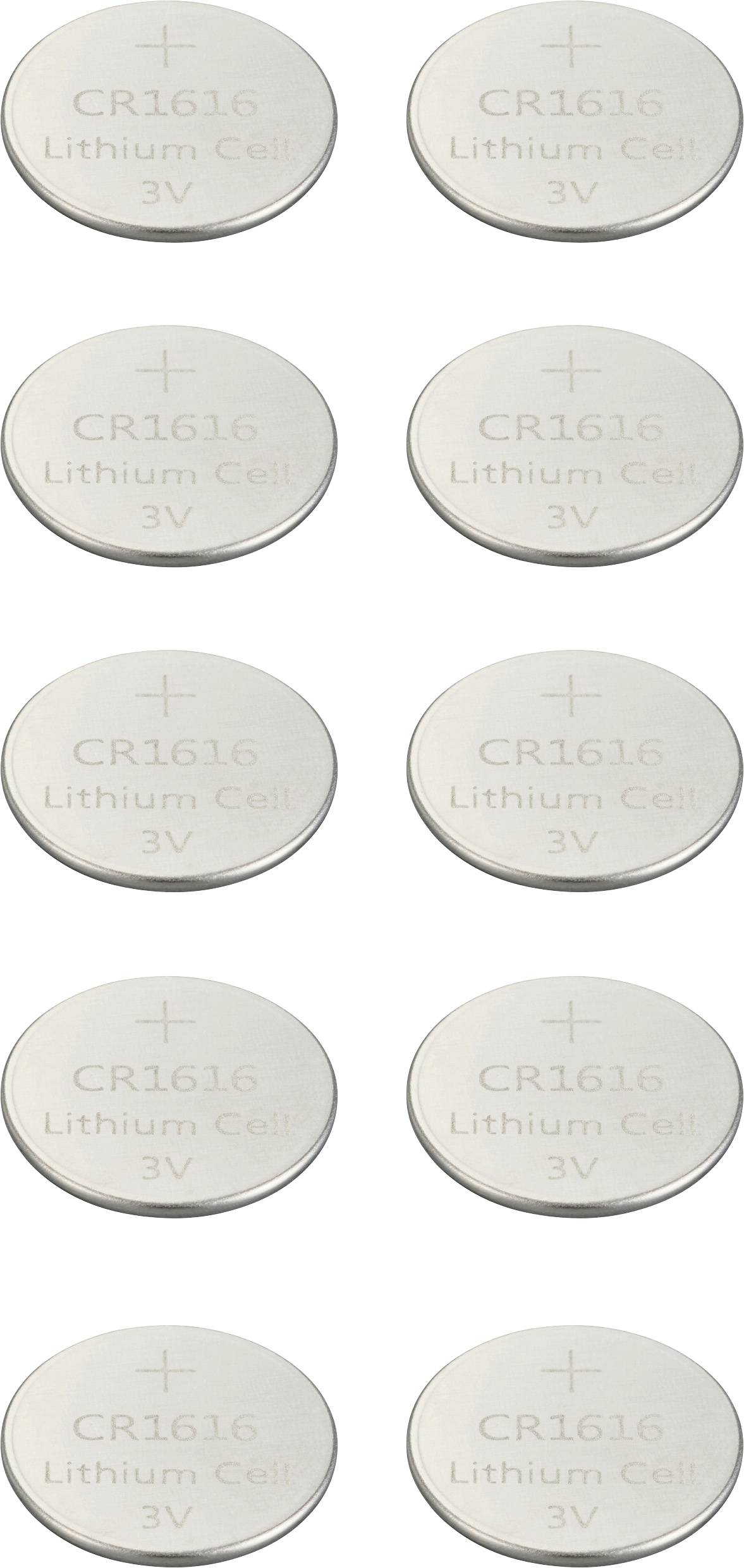 Dziesięć okrągłych baterii guzikowych ułożonych jest w dwóch pionowych rzędach. Na każdej baterii widnieje napis 'CR1616 Bateria Litowa 3V'.