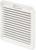 Biała wentylacja z tworzywa sztucznego z poziomymi lamelami, wytłoczoną logo na dolnej krawędzi; służy do wentylacji pomieszczeń lub urządzeń.