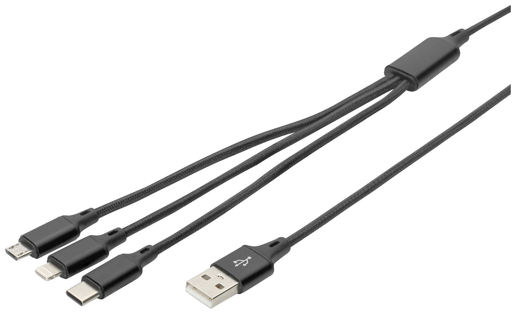 USB-кабель для зарядки Digitus Lightning, роз’єм USB-A, роз’єм USB-C®, роз’єм USB Micro-B, чорний міцний плетений екран 1,00 м, гн