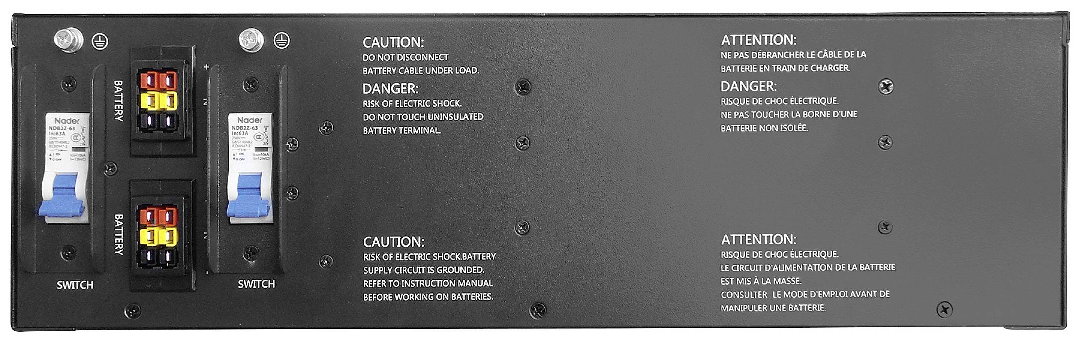 Tylna strona urządzenia elektrycznego z dwoma przełącznikami. Ostrzeżenia dotyczące bezpieczeństwa i obsługi w języku angielskim, francuskim i hiszpańskim.