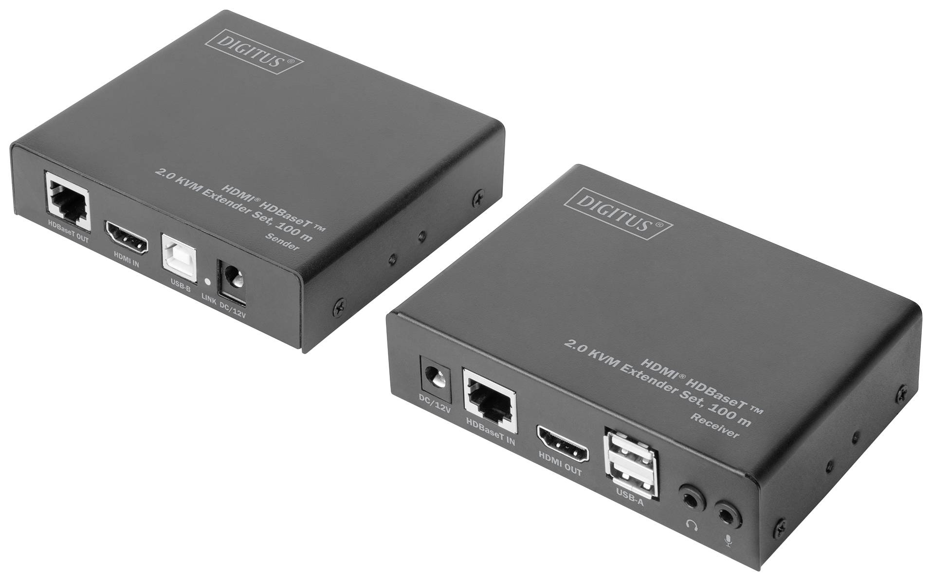 Dwa czarne przedłużacze HDMI z wejściami HDMI, USB i Ethernet. Modele do transmisji sygnału na większe odległości.
