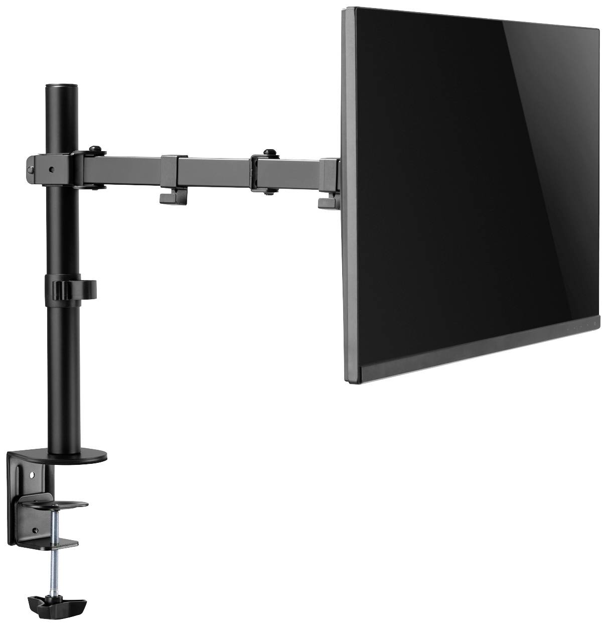 Metalowy, regulowany uchwyt na monitor przymocowany do biurka podtrzymuje płaski ekran. Idealny do ergonomicznych stanowisk pracy.