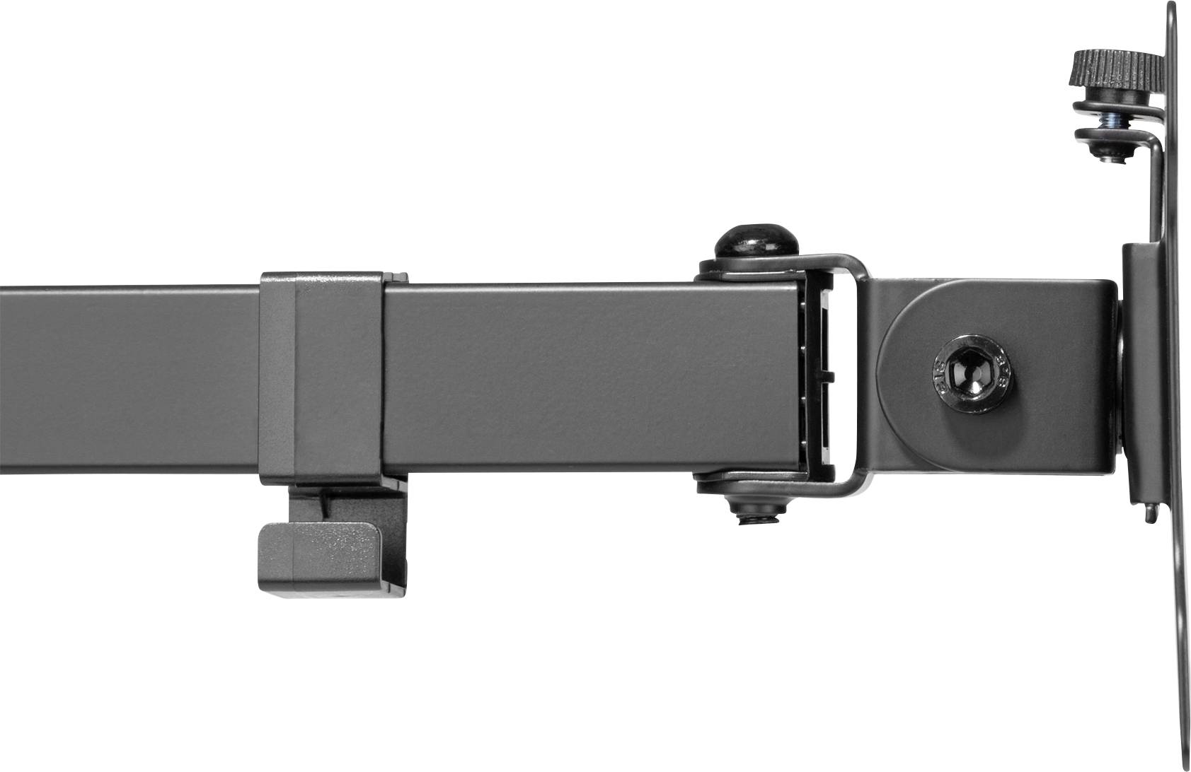 Zbliżenie czarnego mechanicznego ramienia z przegubami i przyciskiem do regulacji. Ramię jest ustawione poziomo.