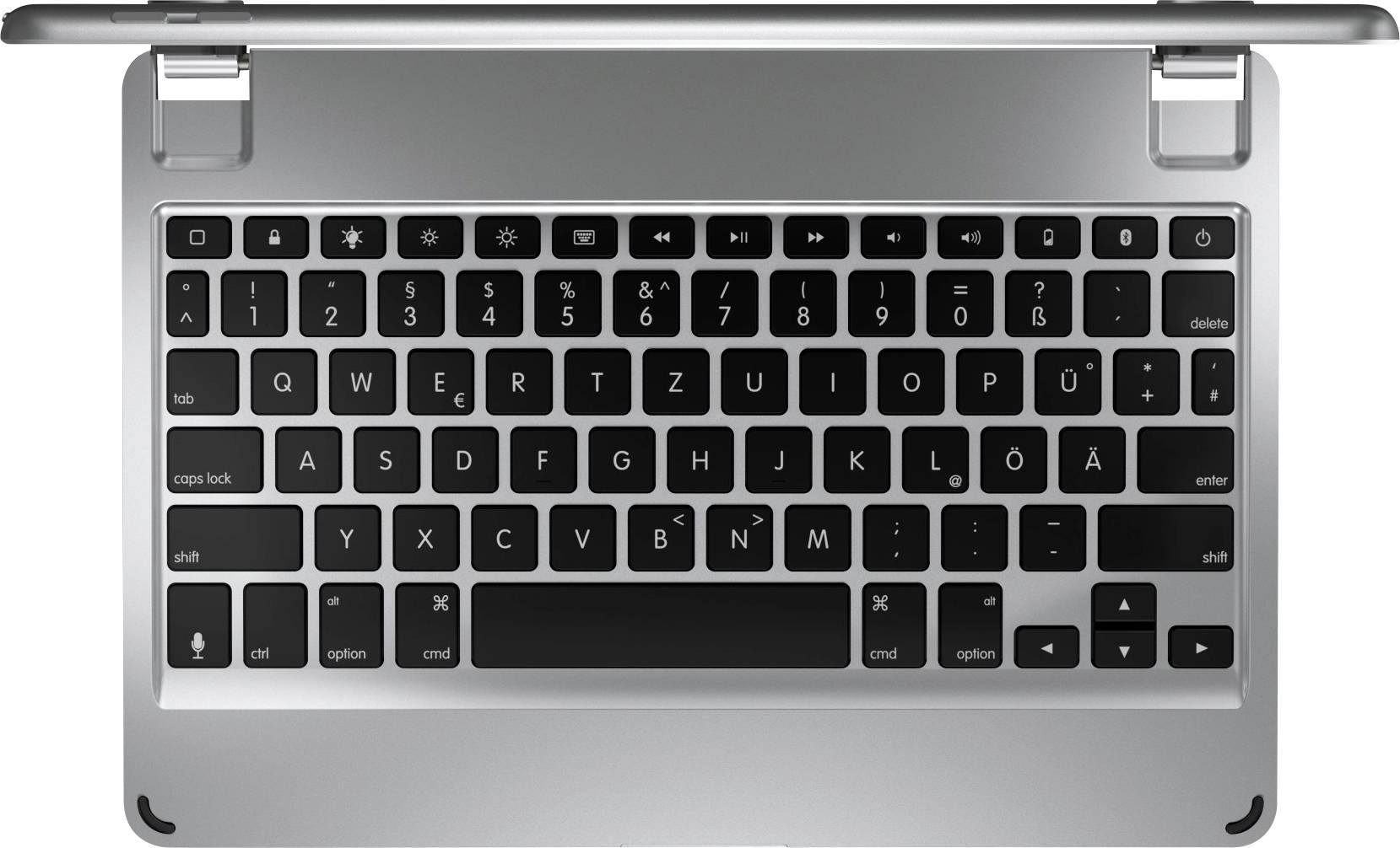 Srebrna klawiatura laptopa w niemieckim układzie QWERTZ, z specjalnymi klawiszami funkcyjnymi w górnym rzędzie.