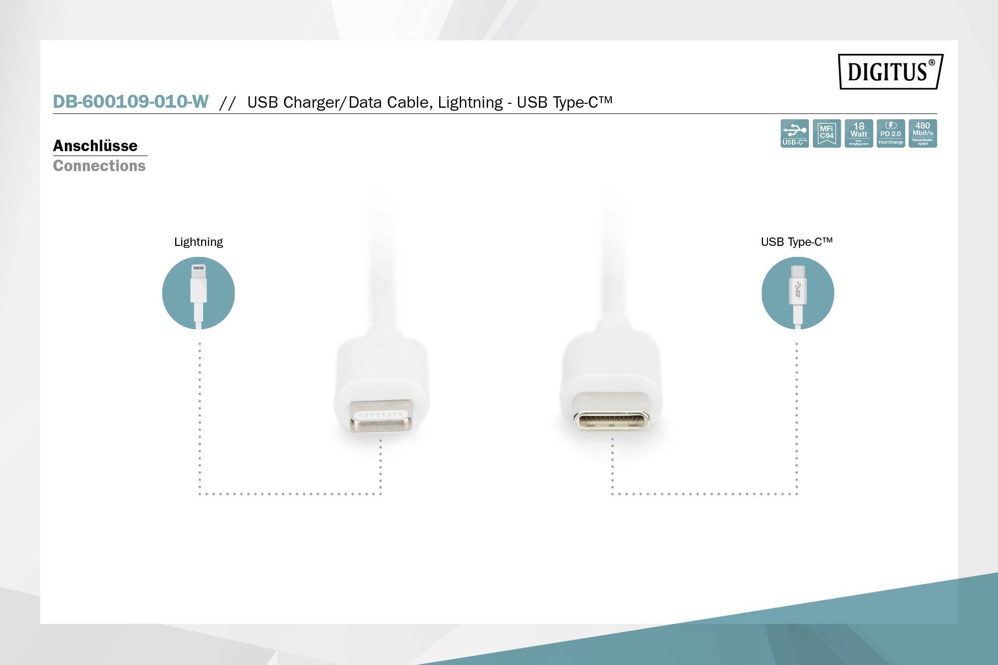 Kabel do ładowania i transferu danych USB z złączami Lightning i USB Type-C.