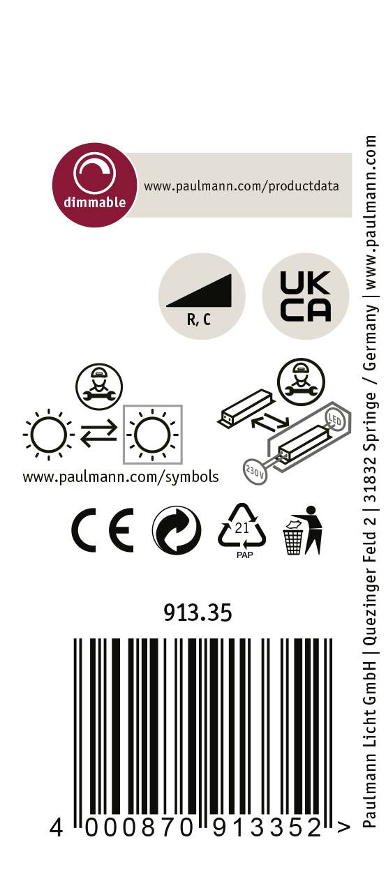 Etykieta lampy z informacjami: ściemniana, numer artykułu 913.35, www.paulmann.com/symbols dla symboli, www.paulmann.com/productdata dla danych produktu.