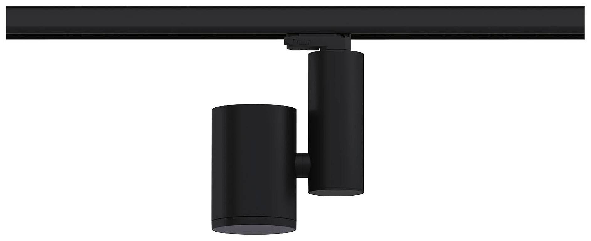 Czarna lampa sufitowa w systemie szynowym z cylindrycznym korpusem, odpowiednia do nowoczesnego oświetlenia.