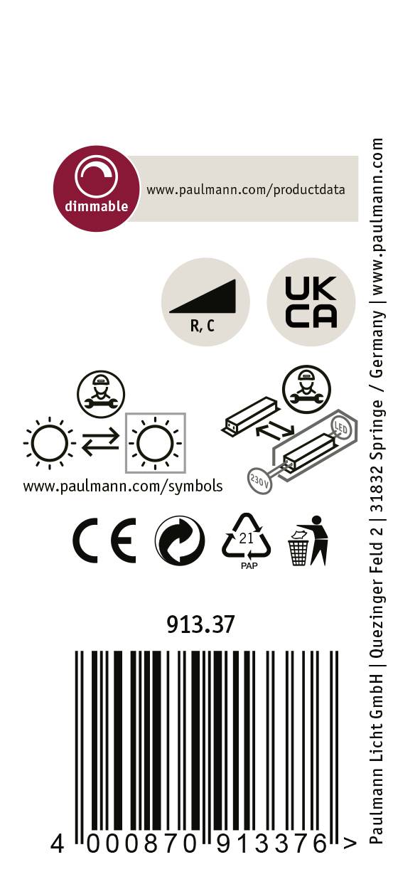 Etykieta ściemnialnej lampy LED firmy Paulmann z oznaczeniami CE i UKCA. Kody kreskowe i symbole instalacji oraz bezpieczeństwa.