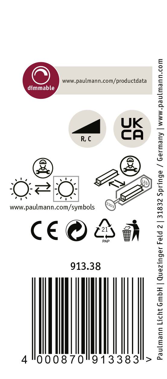 Etykieta z funkcją ściemniania, znak UKCA, symbolami prawidłowej instalacji i kodem kreskowym. Strona internetowa: www.paulmann.com.