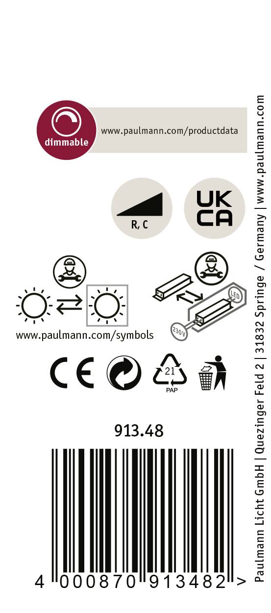 Etykieta żarówki z możliwością ściemniania z oznaczeniem UKCA i symbolami instrukcji użycia. Kod kreskowy poniżej: 4000870913482.