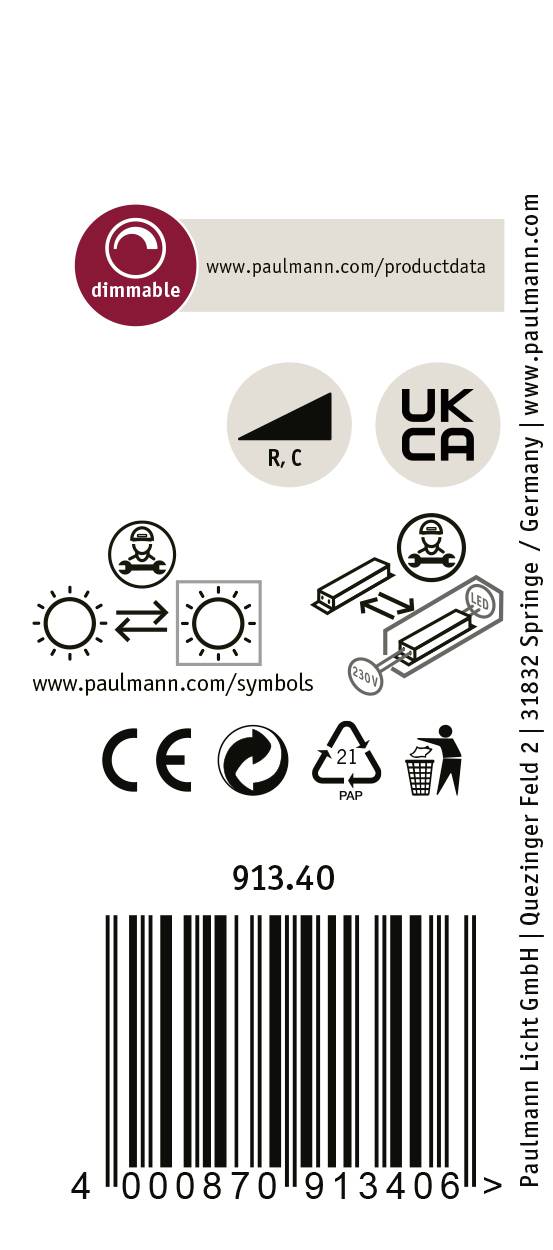 Etykiety symboli "Ściemnialne światło": Znak zgodności, instrukcja montażu (linia częściowo ciągła), kod QR, kod kreskowy 913.40.