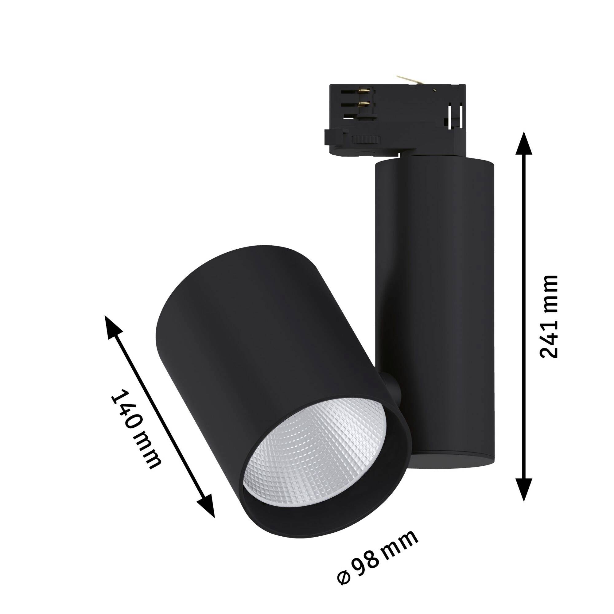 Czarna cylindryczna lampa sufitowa o wymiarach: 241 mm wysokości, 98 mm średnicy, 140 mm długości ramienia. Możliwość zablokowania pozycji i regulacji kąta.