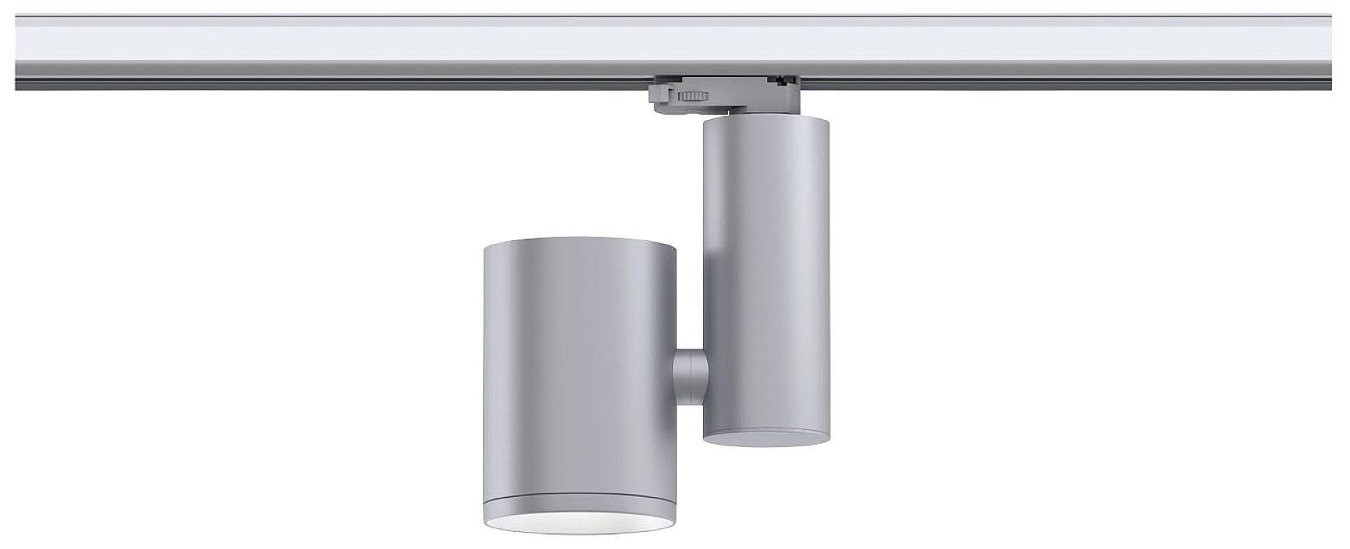 Srebrny plafon sufitowy w kształcie cylindra, zamontowany na szynie. Minimalistyczny design dla nowoczesnego oświetlenia.