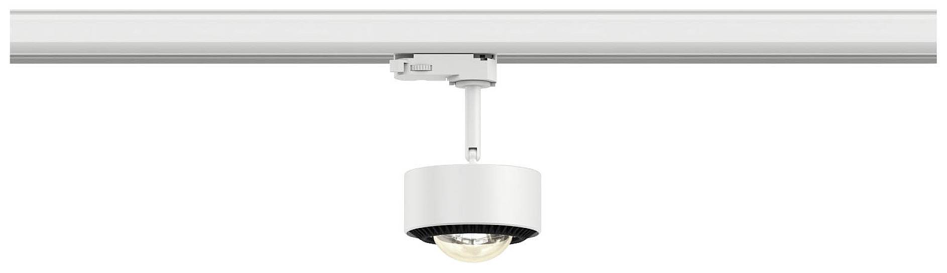 Pojedyncza biała lampa sufitowa zamontowana na szynie.