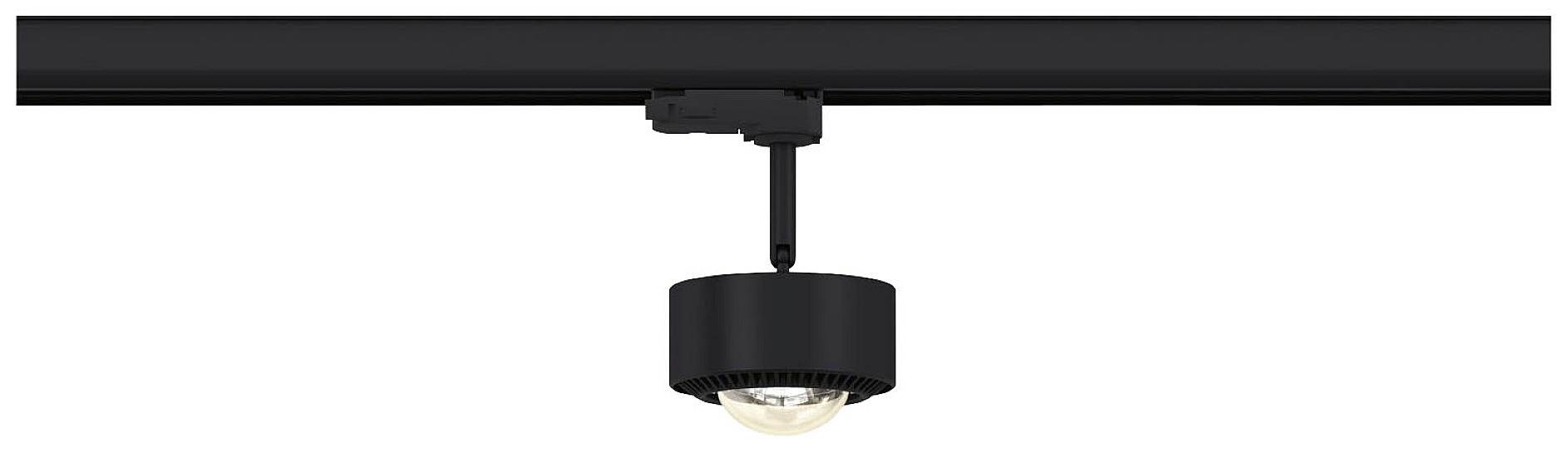 Czarna lampa sufitowa na szynie, o kształcie cylindrycznym, w stylu industrialnym. Idealna do nowoczesnego oświetlenia wnętrz.