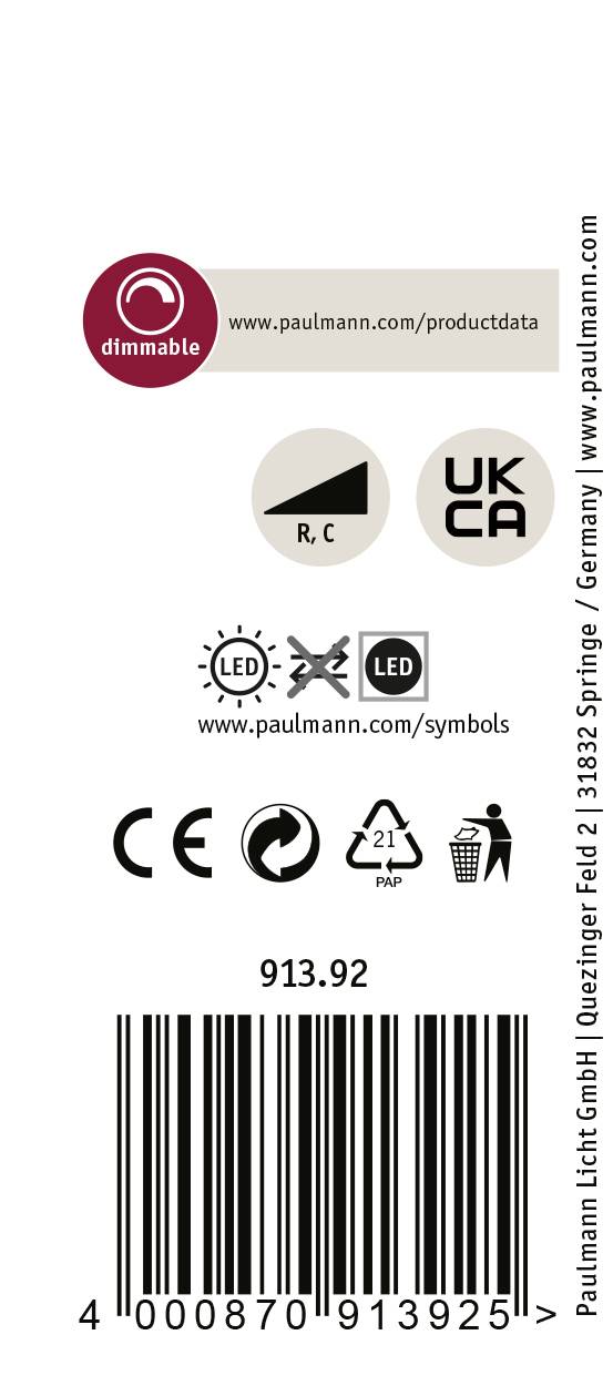 Etykieta lampy LED z symbolami możliwości ściemniania, oznaczeniem R,C, znakiem UKCA, oznakowaniem CE, symbolem LED oraz recyklingu. Kod produktu: 913.92.