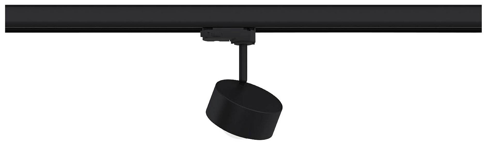 Czarny, obrotowy reflektor sufitowy zamontowany na szynie, przeznaczony do precyzyjnego oświetlenia wnętrz.