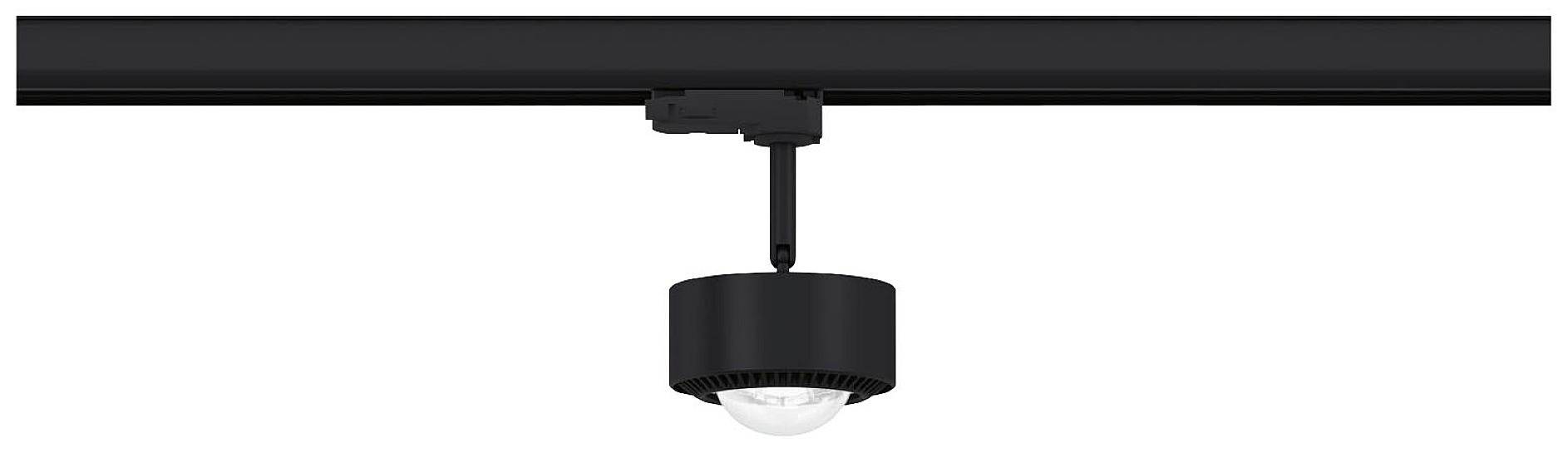 Czarna lampa szynowa z okrągłym, cylindrycznym kloszem wisi na szynie. Jest zaprojektowana do kierunkowego oświetlania.
