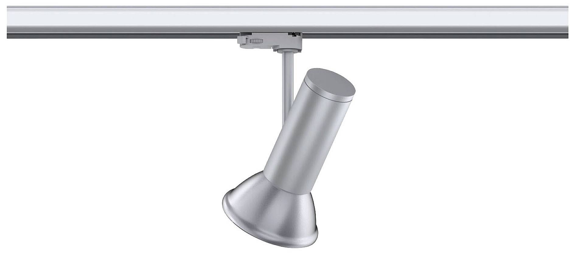 Pojedynczy srebrny reflektor sufitowy jest zamontowany na szynie i lekko skierowany w dół.