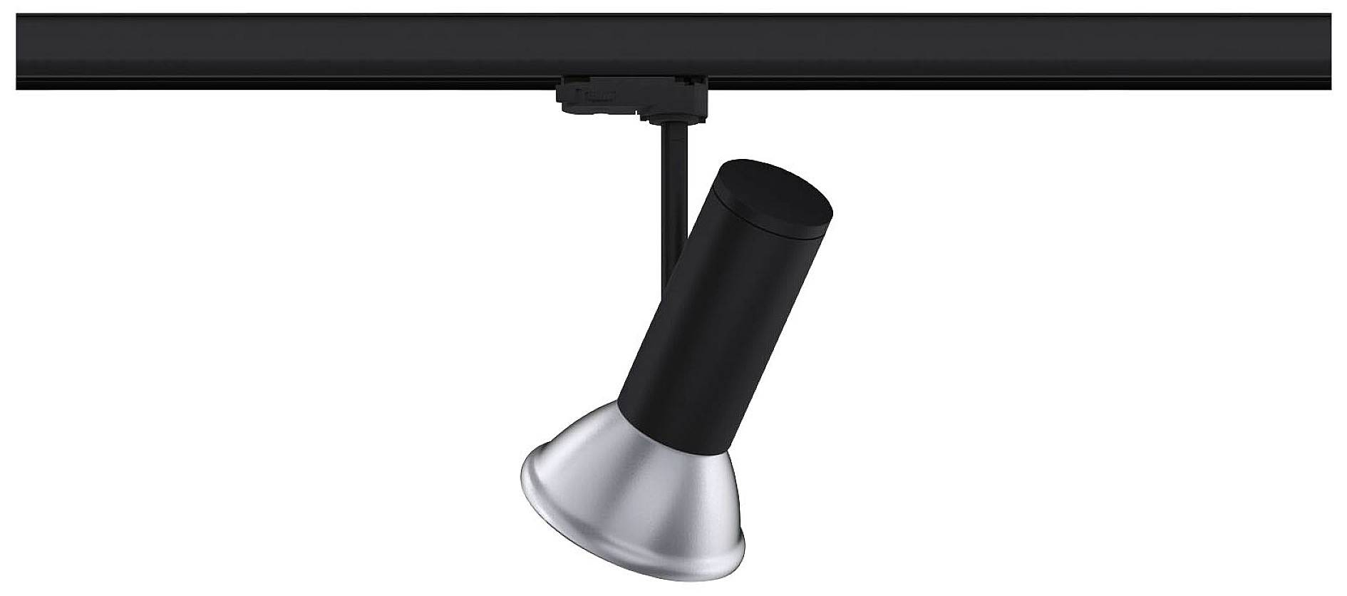 Czarny reflektor szynowy z srebrnym kloszem, zamontowany na czarnej metalowej szynie, przeznaczony do precyzyjnego oświetlenia.