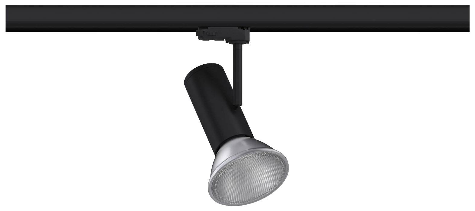 Czarny reflektor szynowy z srebrną głowicą lampy, zamocowany na czarnym uchwycie, przeznaczony do oświetlenia.
