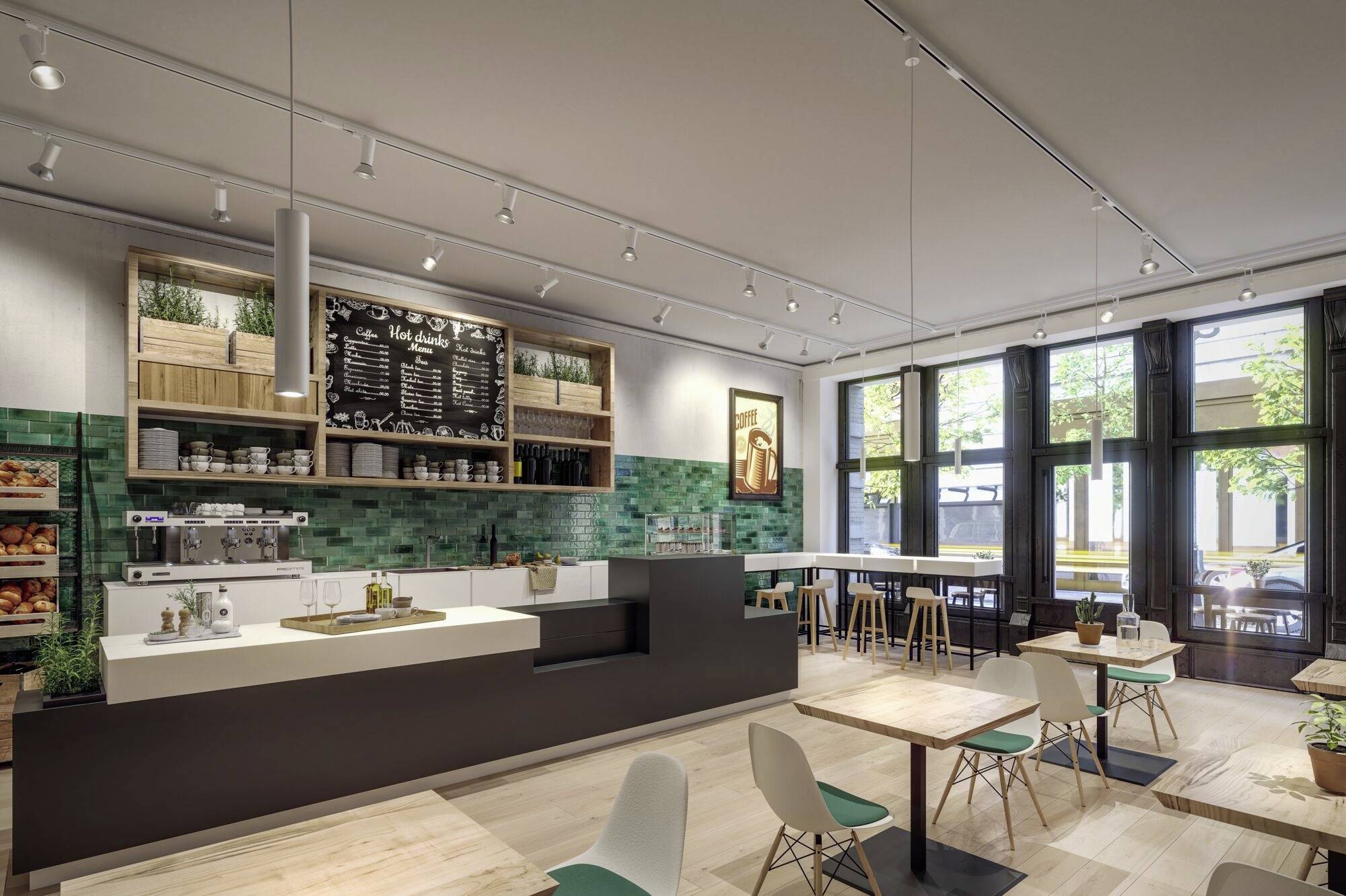 Nowoczesna kawiarnia z jasnymi drewnianymi stolikami, zielonymi kafelkami i dużymi oknami. Widać ladę z akcesoriami do kawy.