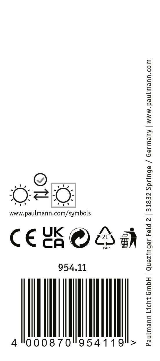 'Paulmann Licht GmbH' z logo. Symbole oznaczające ekologiczną utylizację i certyfikaty kontroli. Kod kreskowy i szczegóły produkcji.