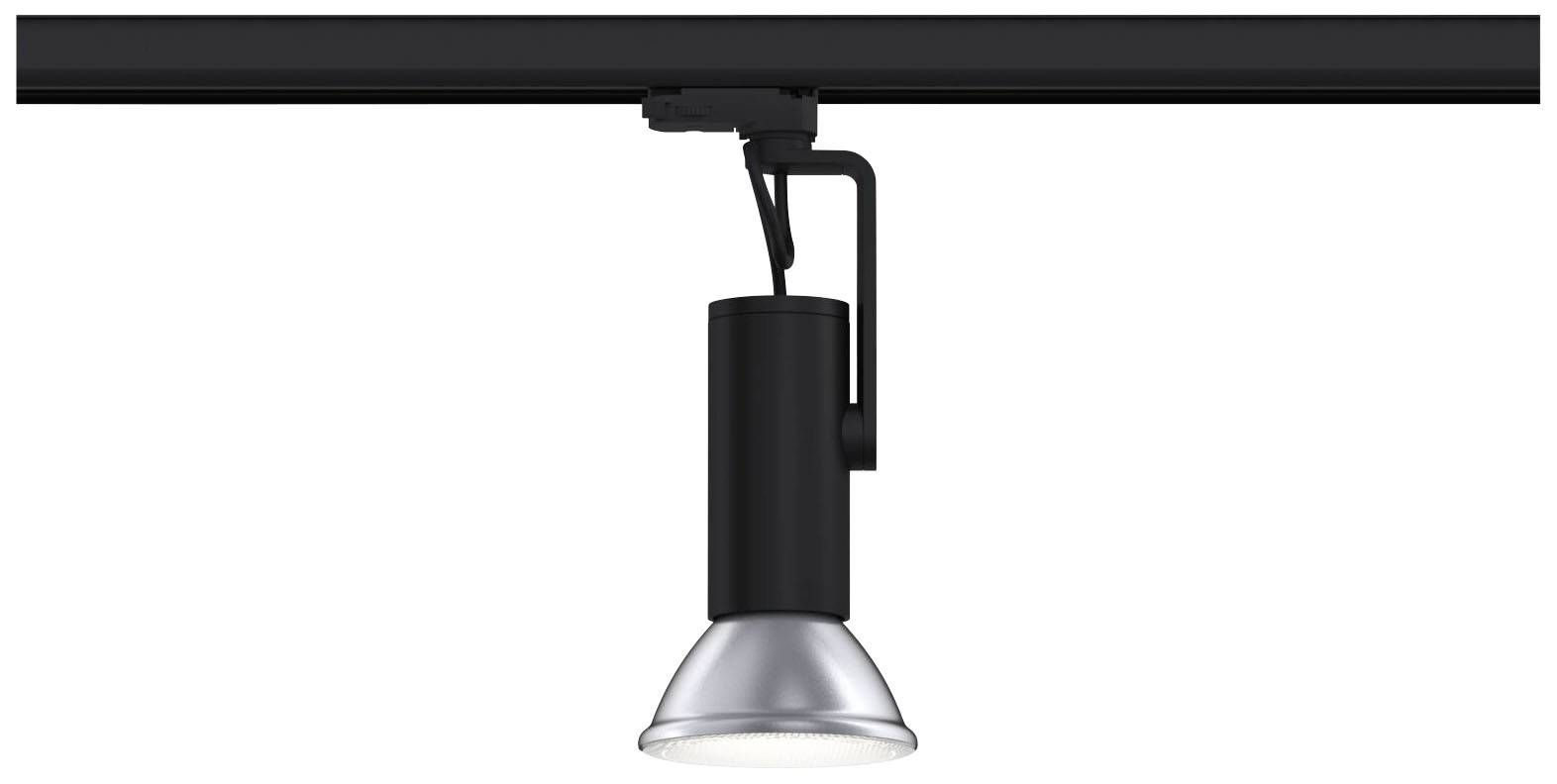 Czarny reflektor na szynie, odpowiedni jako rozwiązanie oświetleniowe.