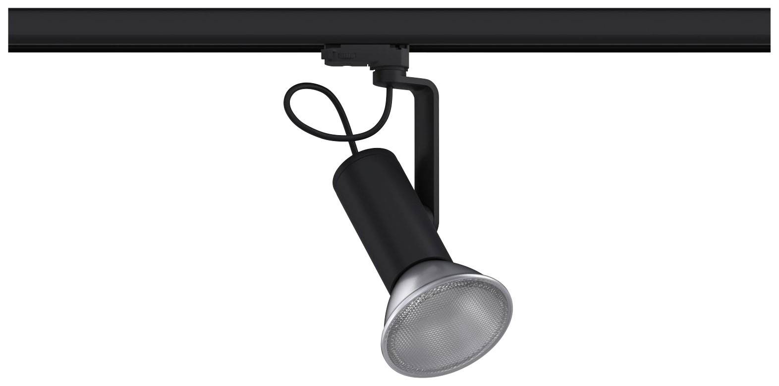Czarno-szara lampa zamocowana na czarnej szynie, charakterystyczna dla nowoczesnego oświetlenia.