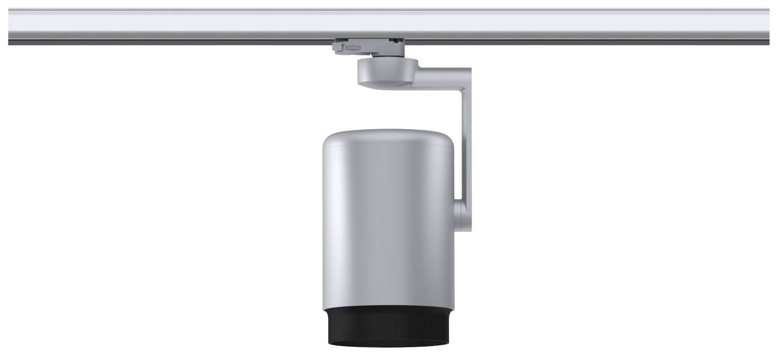 Cylindryczna, srebrna lampa sufitowa zamontowana na szynie.