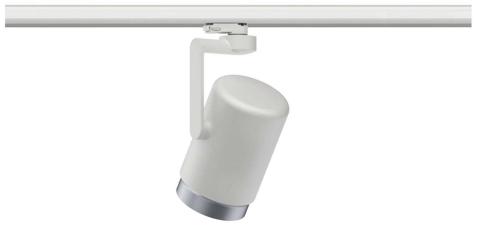 Biały, cylindryczny reflektor jest zamocowany na listwie sufitowej.