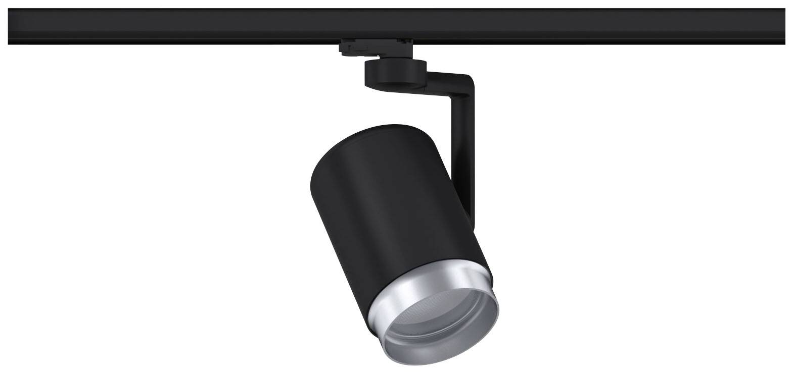 Czarny reflektor sufitowy zamontowany na szynie, skierowany w dół, odpowiedni do precyzyjnego oświetlenia.