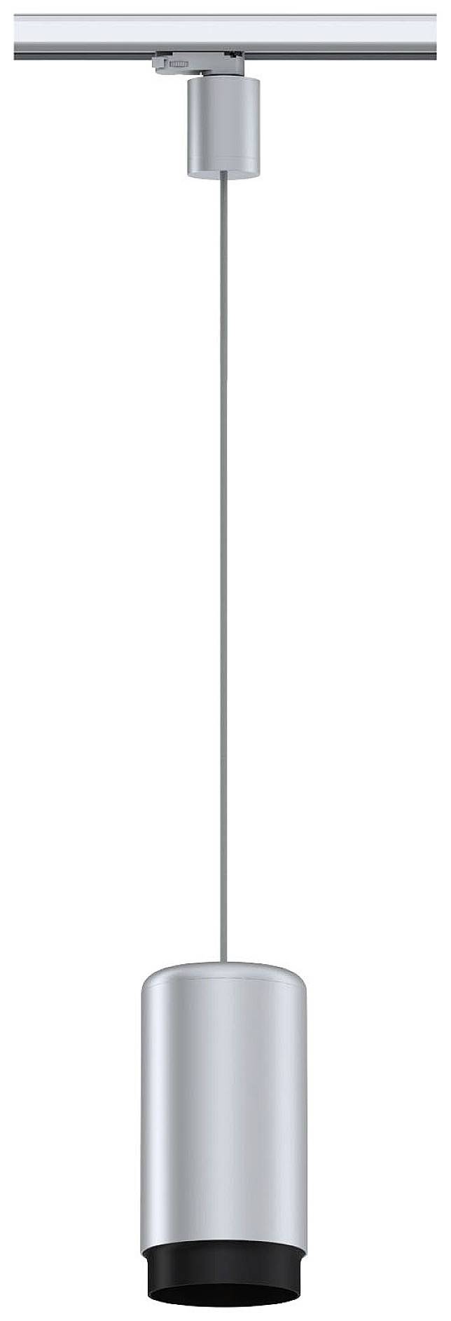 Metalowa lampa wisząca z cylindrycznym kloszem, zawieszona na przewodzie na szynie.