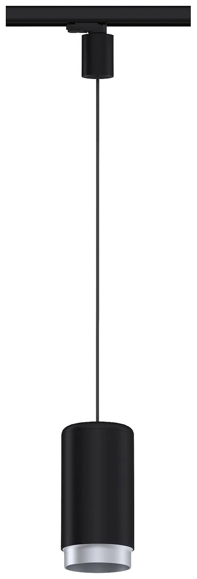 Czarna, nowoczesna lampa wisząca z cylindrycznym kloszem, zawieszona na przewodzie elektrycznym, mocowana do prostokątnej podstawy sufitowej.