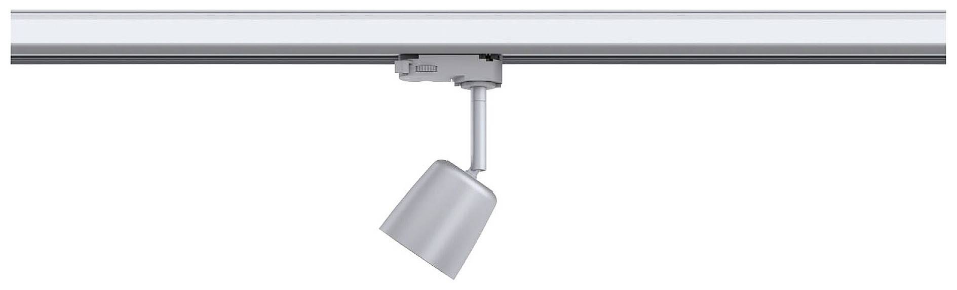Pojedynczy, regulowany reflektor LED zamontowany jest na srebrnej szynie przymocowanej do sufitu.
