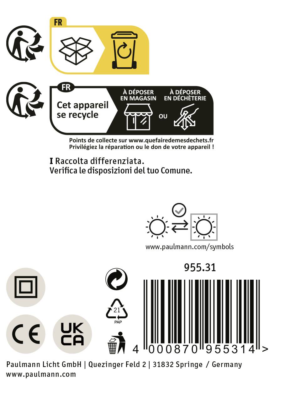 Etykieta dotycząca wskazówek recyklingowych: „Ten sprzęt podlega recyklingowi", instrukcje dotyczące utylizacji w sklepach lub punktach zbiórki w kilku językach.