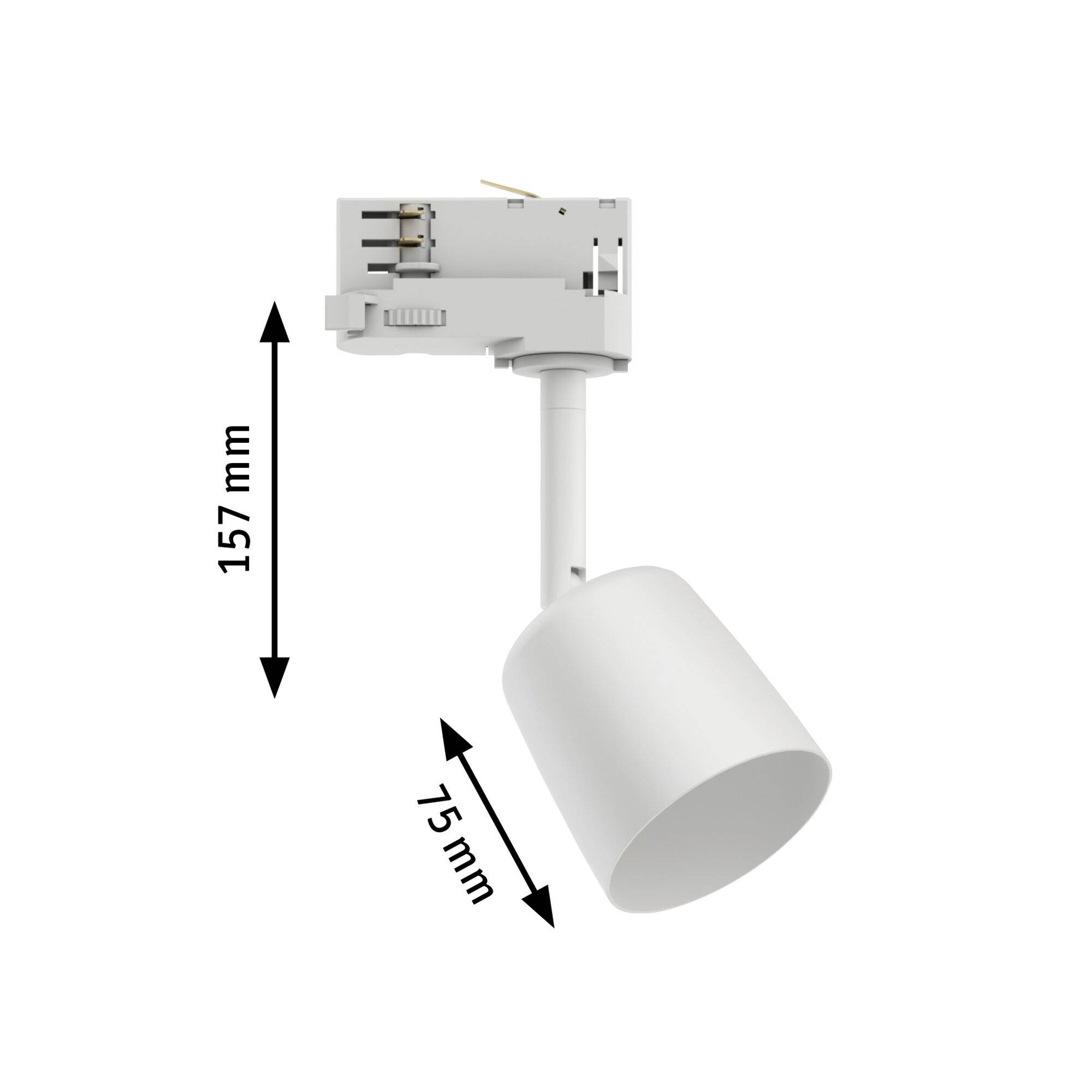Lampa punktowa z białym kloszem, wysoka na 157 mm, szeroka na 75 mm.