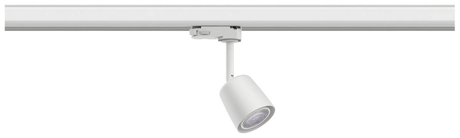 Biała lampa szynowa z regulowaną głowicą, zamontowana na suficie. Nadaje się do precyzyjnego oświetlenia wnętrz.