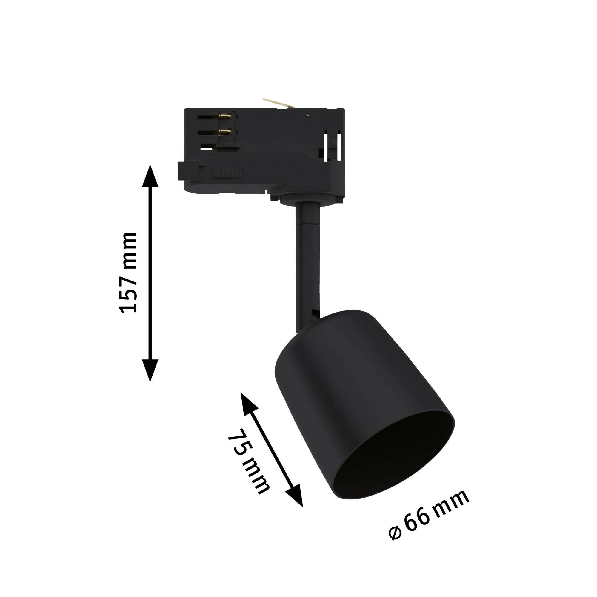 Czarna lampa sufitowa w kształcie cylindra, wysoka na 157 mm, o średnicy 66 mm. Ściemniane reflektory do systemów szynowych.