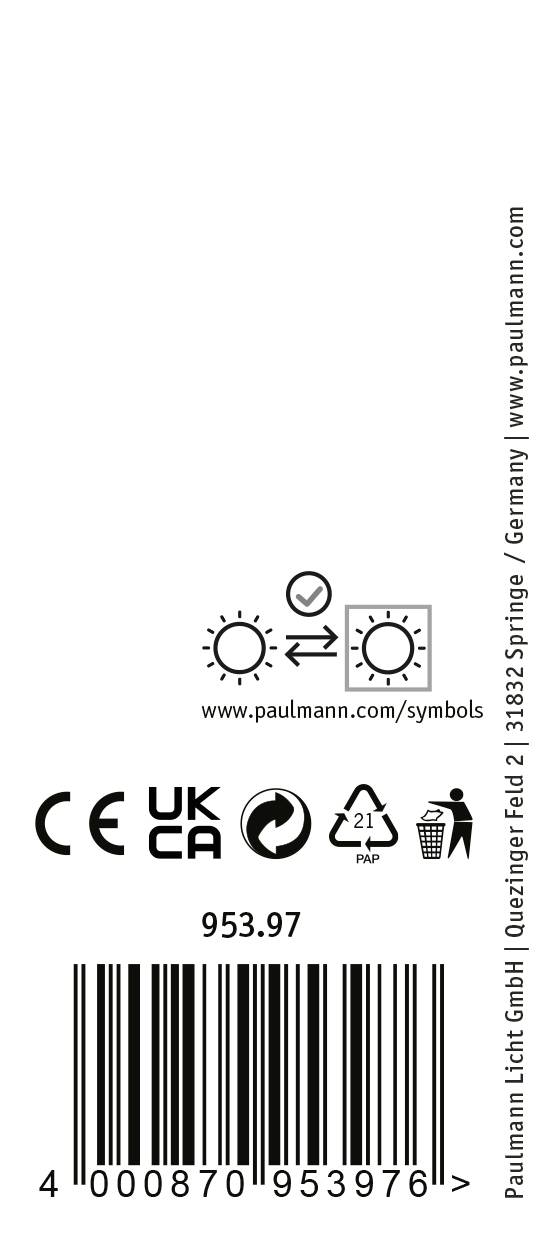 Etykieta z symbolami natężenia światła, oznaczeniami CE i UK-CA, symbolem recyklingu, kodem kreskowym i informacjami o firmie Paulmann.