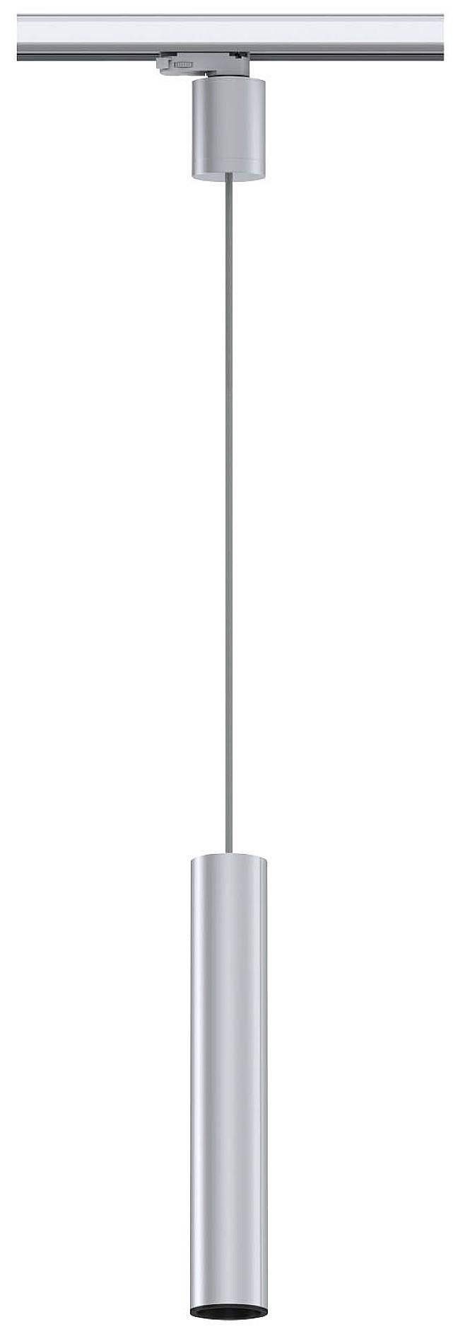 Srebrna, cylindryczna lampa wisząca z wąskim, długim zawieszeniem i cienkim przewodem, idealna do nowoczesnych wnętrz.