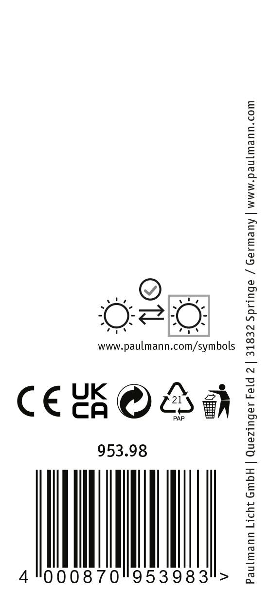 'Produkt oszczędzający energię z symbolami ochrony środowiska, oznakowaniem CE, kodem kreskowym oraz informacjami kontaktowymi firmy Paulmann Licht GmbH, Niemcy.'