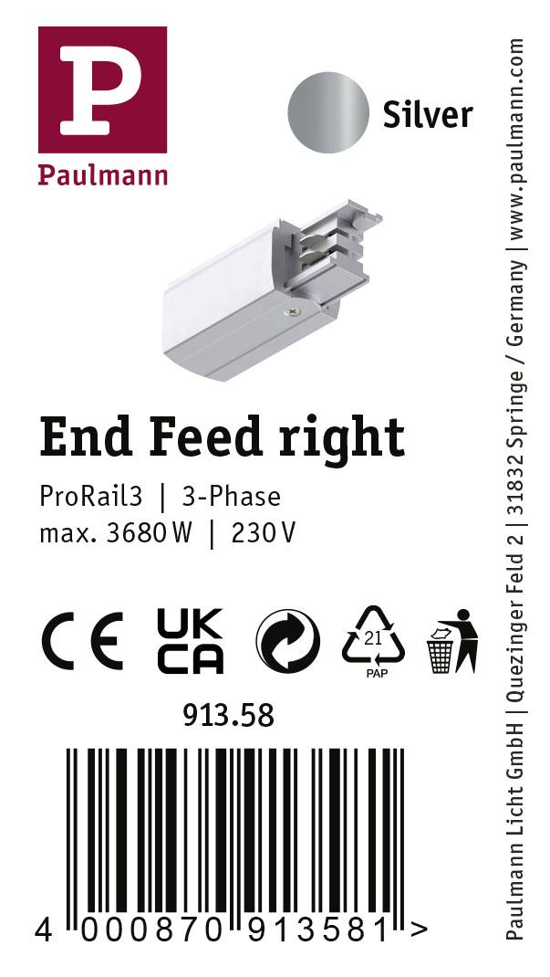 Etykieta produktu dla szyny Paulmann w kolorze srebrnym: 'End Feed right', ProRail3, 3-fazowa, maks. 3680W, 230V. Oznaczenia i pieczęcie kontrolne poniżej.