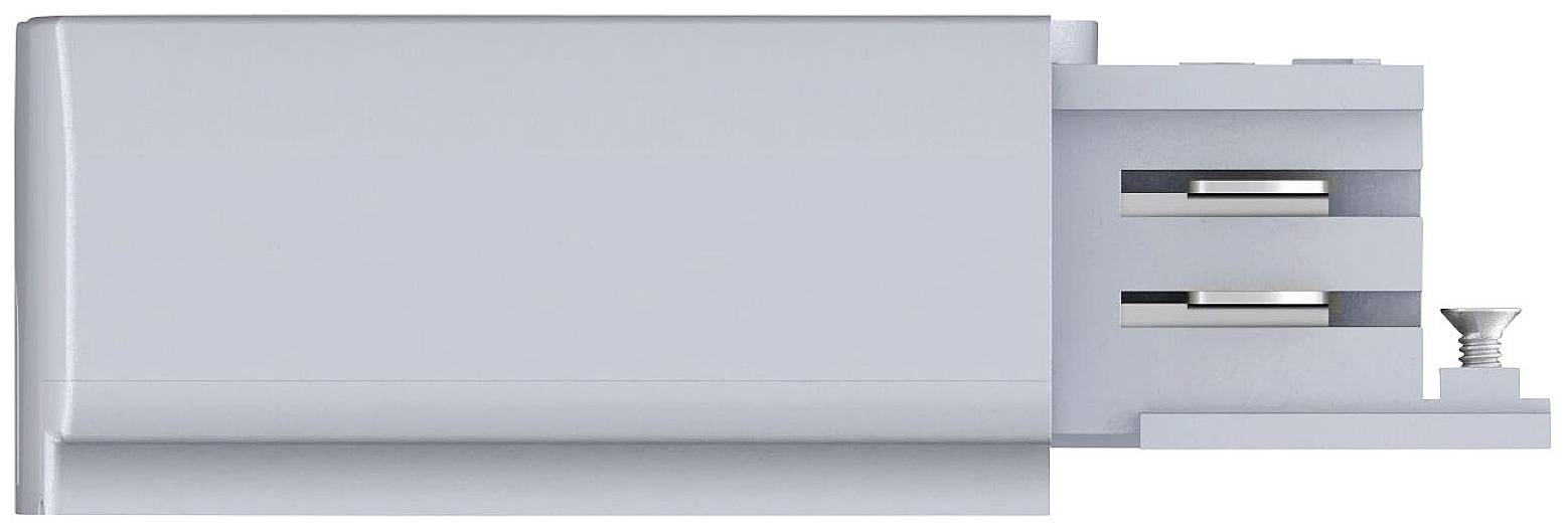 Srebrna, prostokątna prowadnica szuflady z otworem na śrubę i dwoma szczerbinami, widok z boku. Komponenty umożliwiające przesuw szuflady.