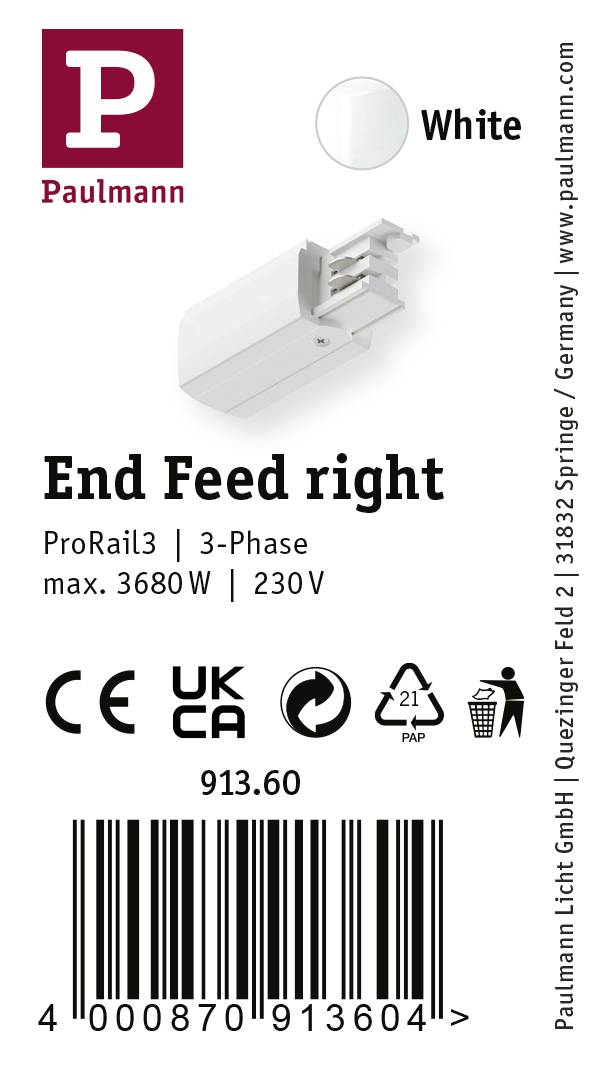 Paulmann ProRail3 End Feed prawy w kolorze białym, maks. 3680 W, 230 V, do szyn trzyfazowych. Certyfikowany CE i UKCA. Cena: 913,60.