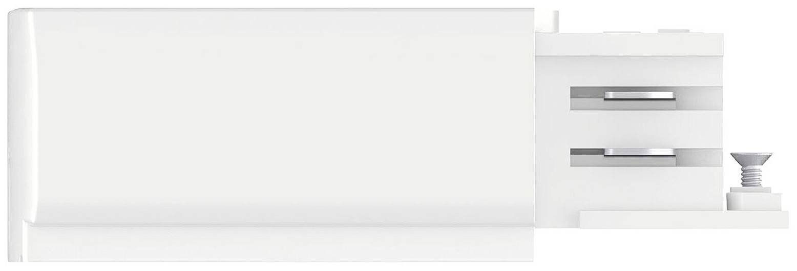 Biały wydruk 3D prostego, prostokątnego obiektu z dwoma poziomymi szczerbinami i małą śrubą na występie.