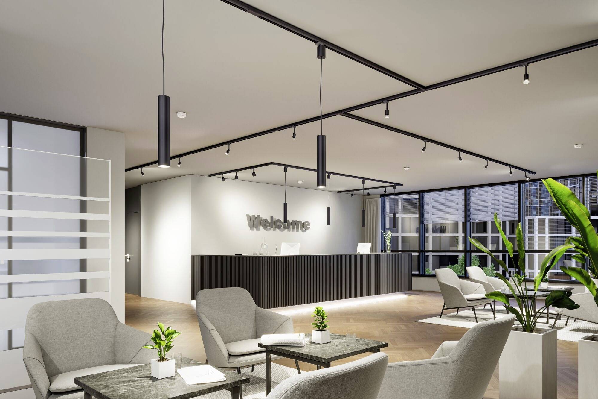 Nowoczesna recepcja z szarymi fotelami i roślinami. Lada recepcyjna z napisem 'Welcome' w tle. Jasne oświetlenie.